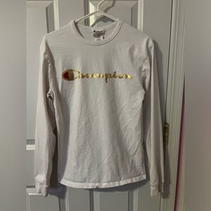 Unisex Champion Long Sleeve Tee with Gold Text in Size Small